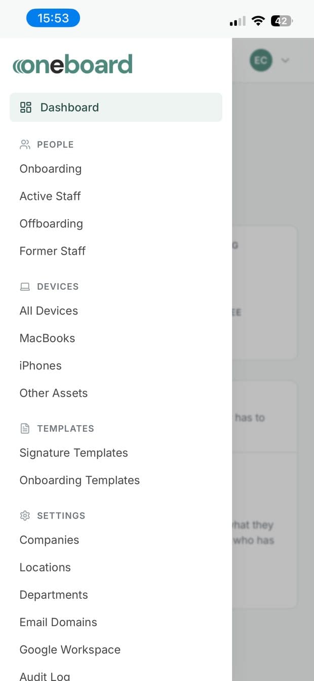 The OneBoard menu: people, devices, templates and settings.