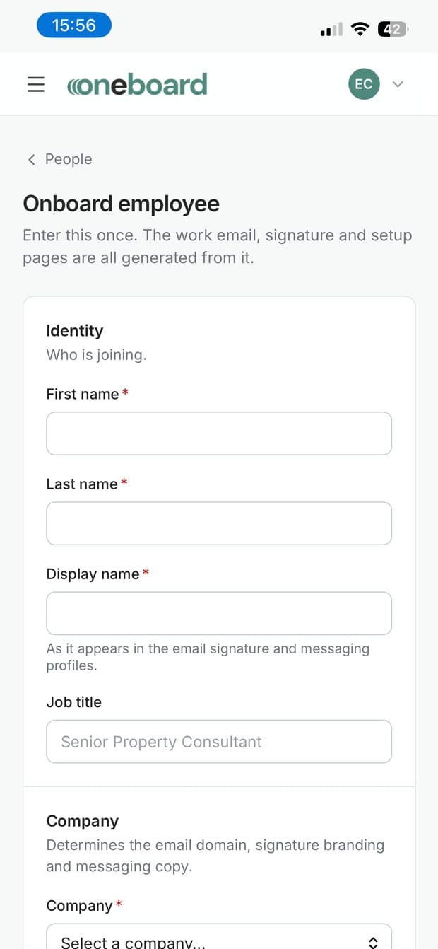 Onboarding an employee: identity, job title and company.