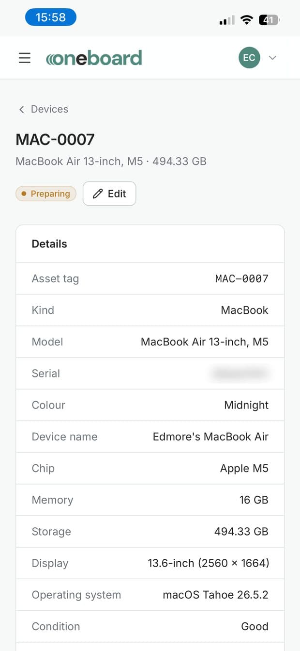 A MacBook record in OneBoard, with its specification and condition.