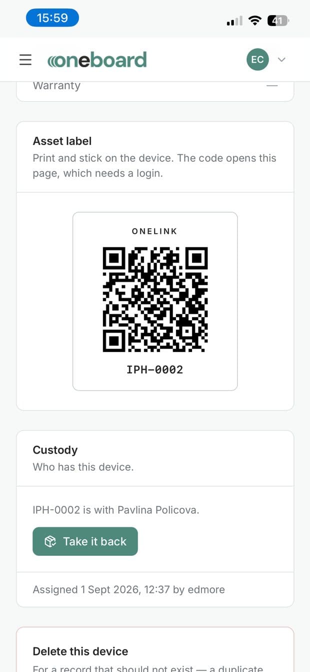 An asset label with a QR code, and who currently holds the device.