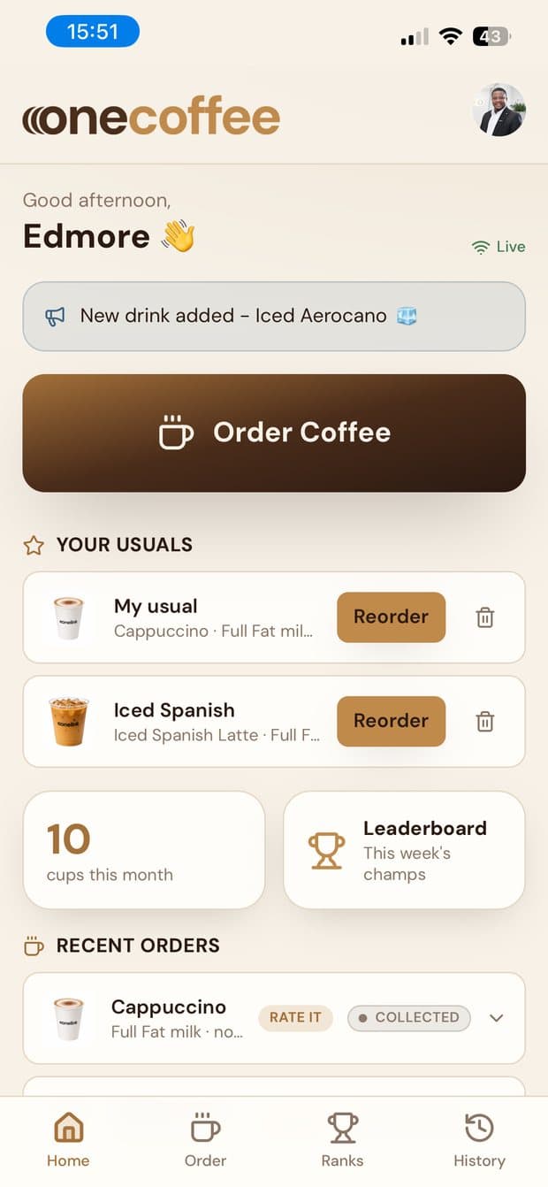 The OneCoffee home screen with usual orders and recent history.