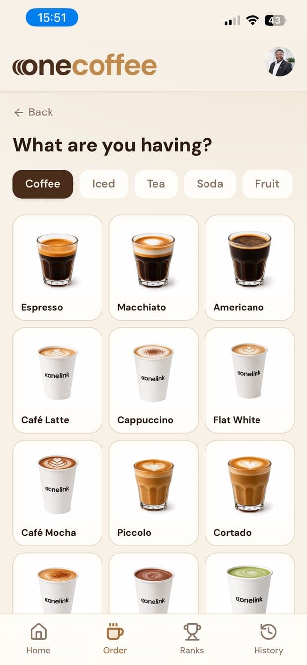 The OneCoffee drinks menu, filtered to coffee.