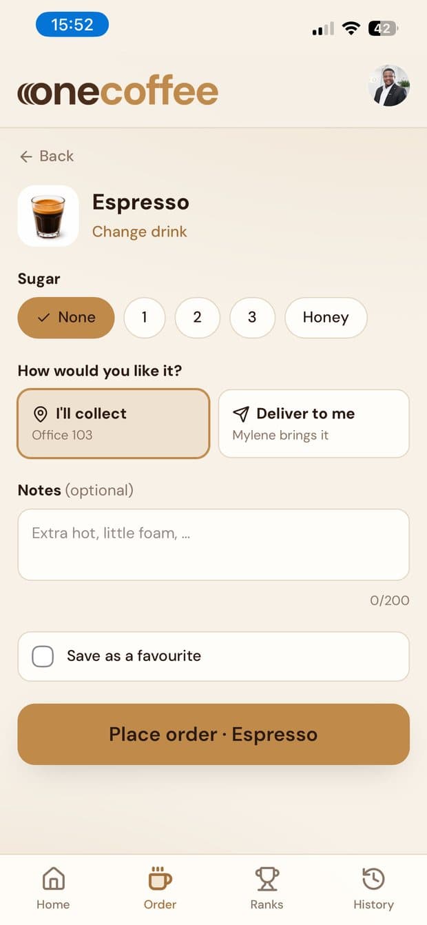 Placing an espresso: sugar, collect or deliver, and a note.