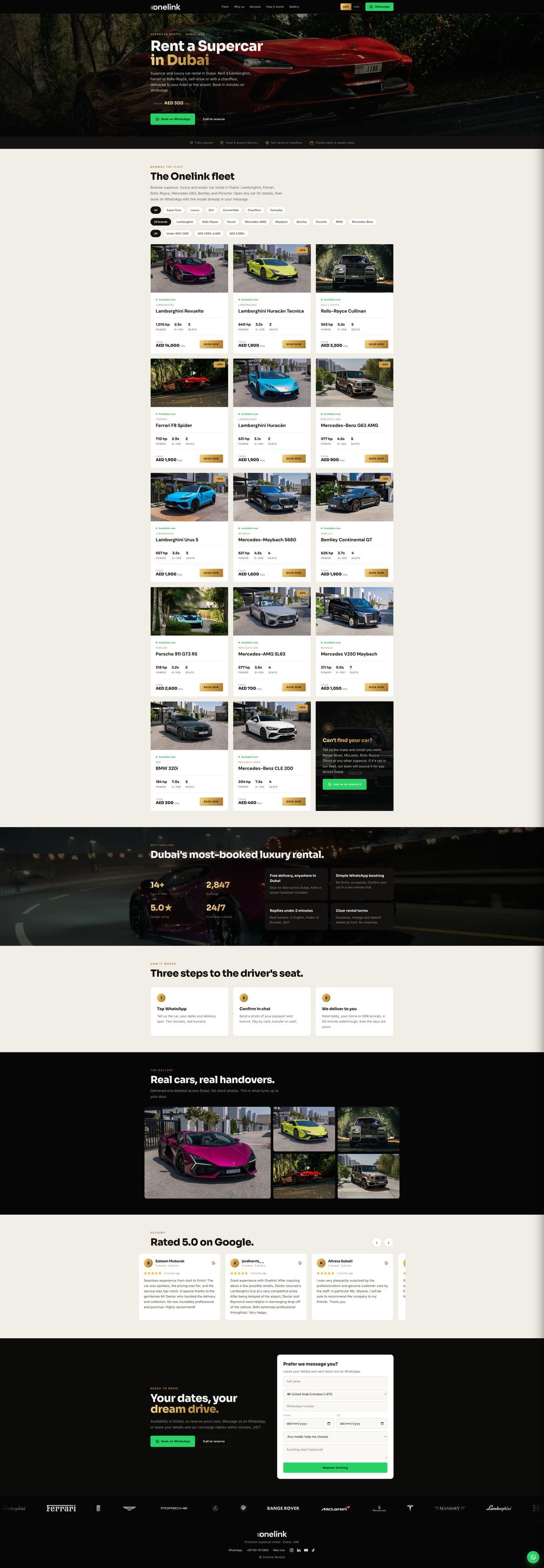 The Onelink Rentals landing page, top to bottom.
