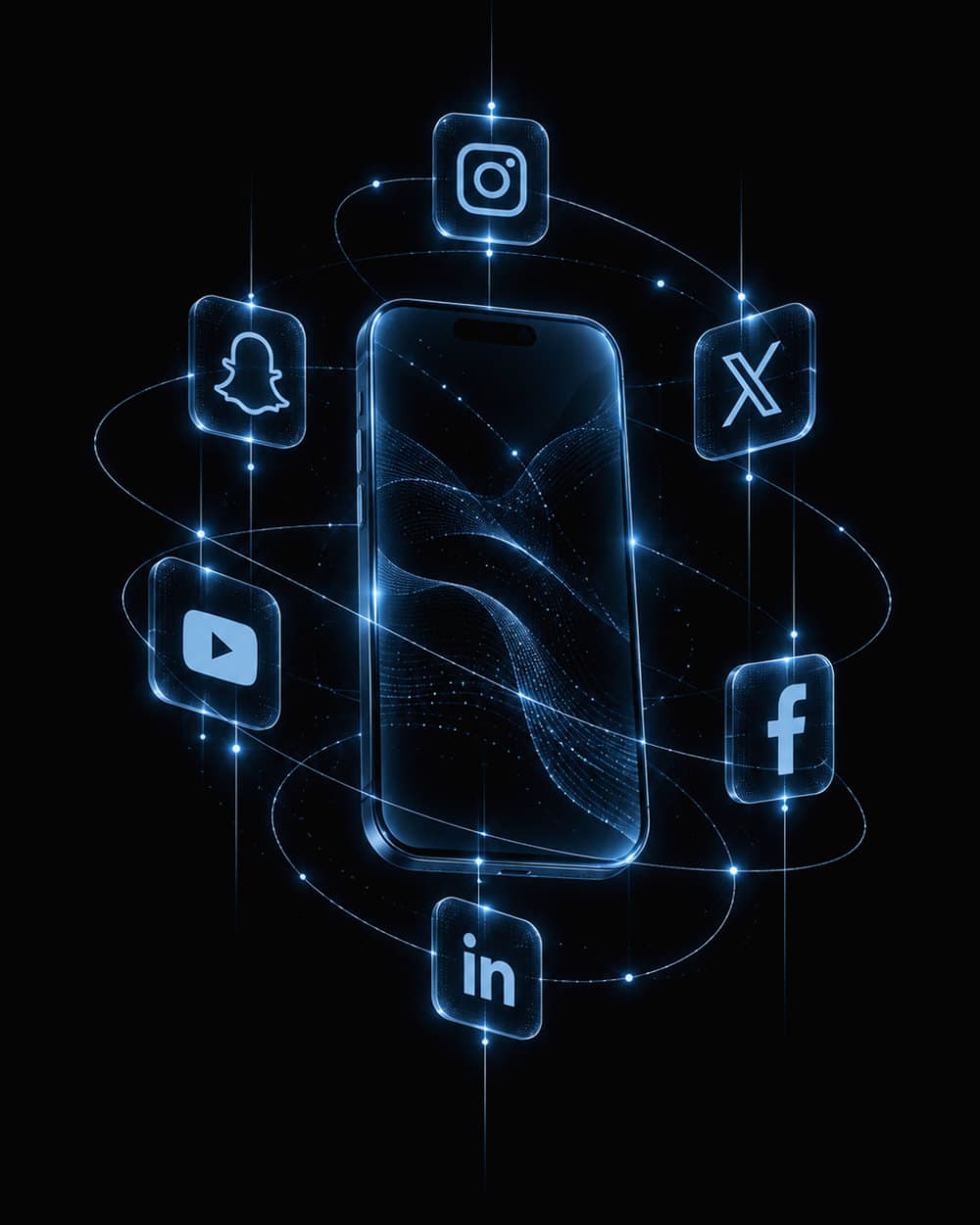 A phone orbited by glowing social platform icons.