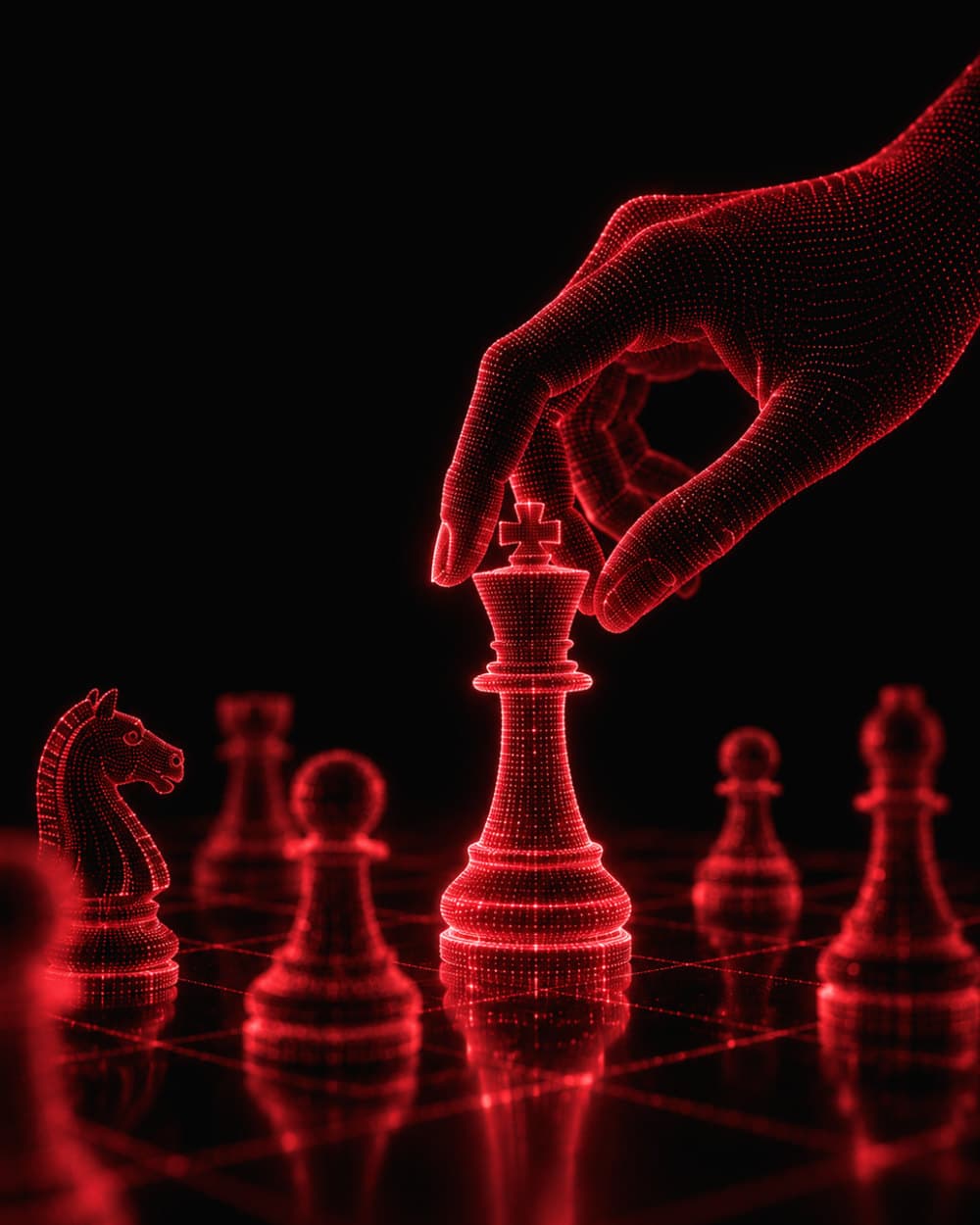 A hand of red light moving the king on a glowing chessboard.