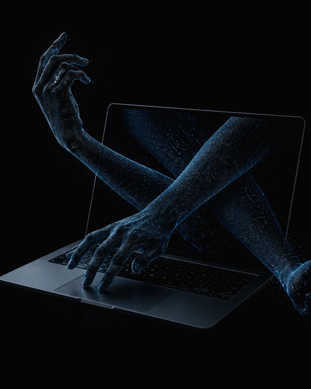 Hands made of blue light reaching out of a laptop's screen.