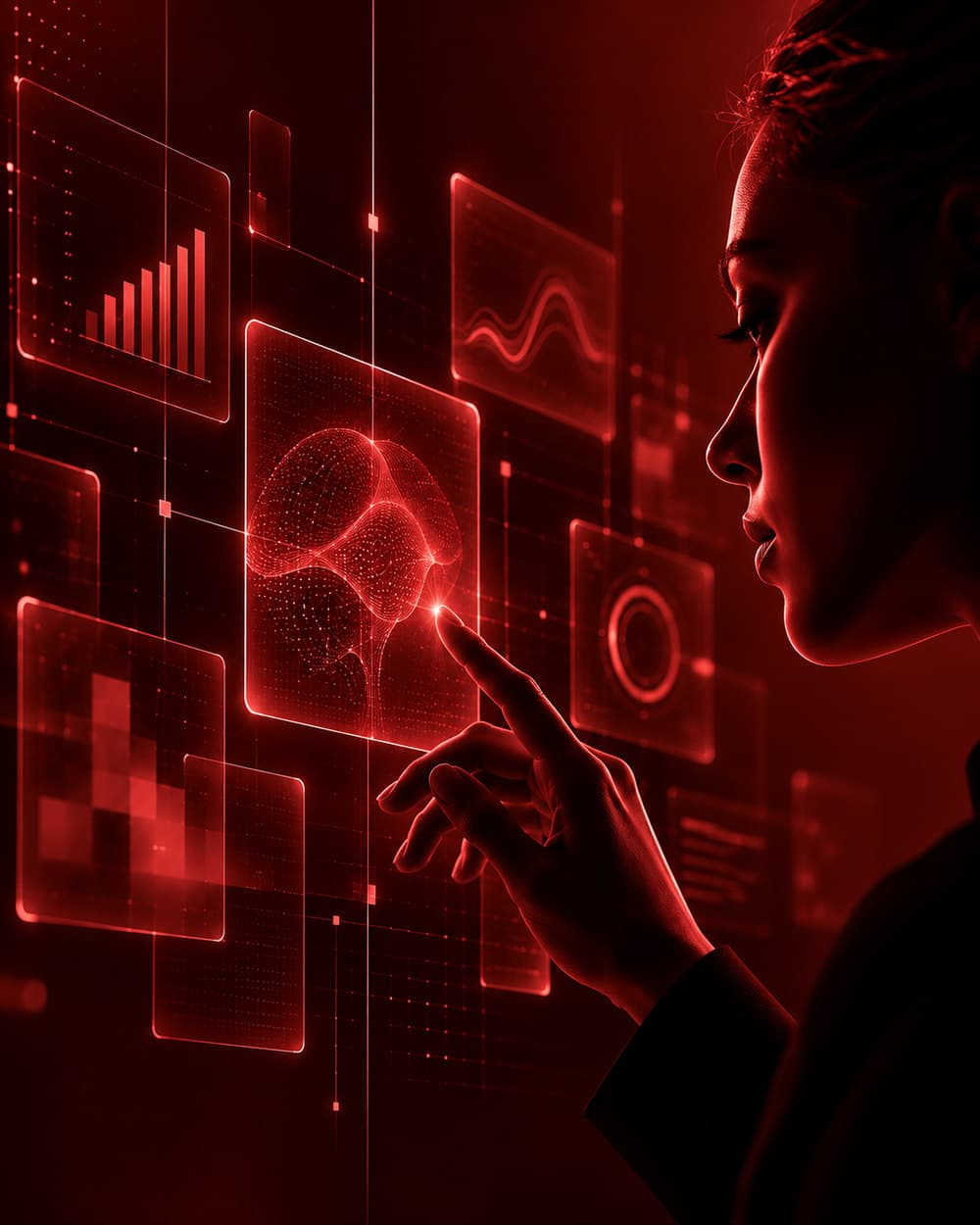 A woman reaching into a glowing red interface of charts and data panels.