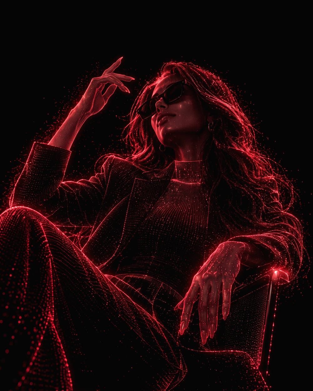 A woman in sunglasses lounging in a chair, drawn in glowing red points of light.
