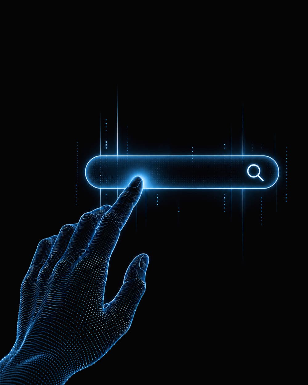 A finger of blue light reaching for a glowing search bar.