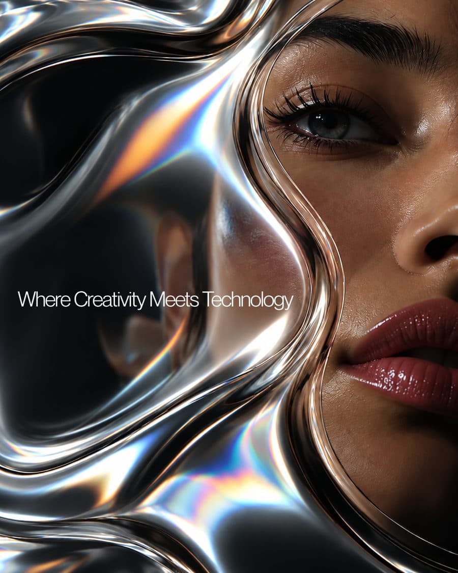Where Creativity Meets Technology: a face half-wrapped in liquid chrome.