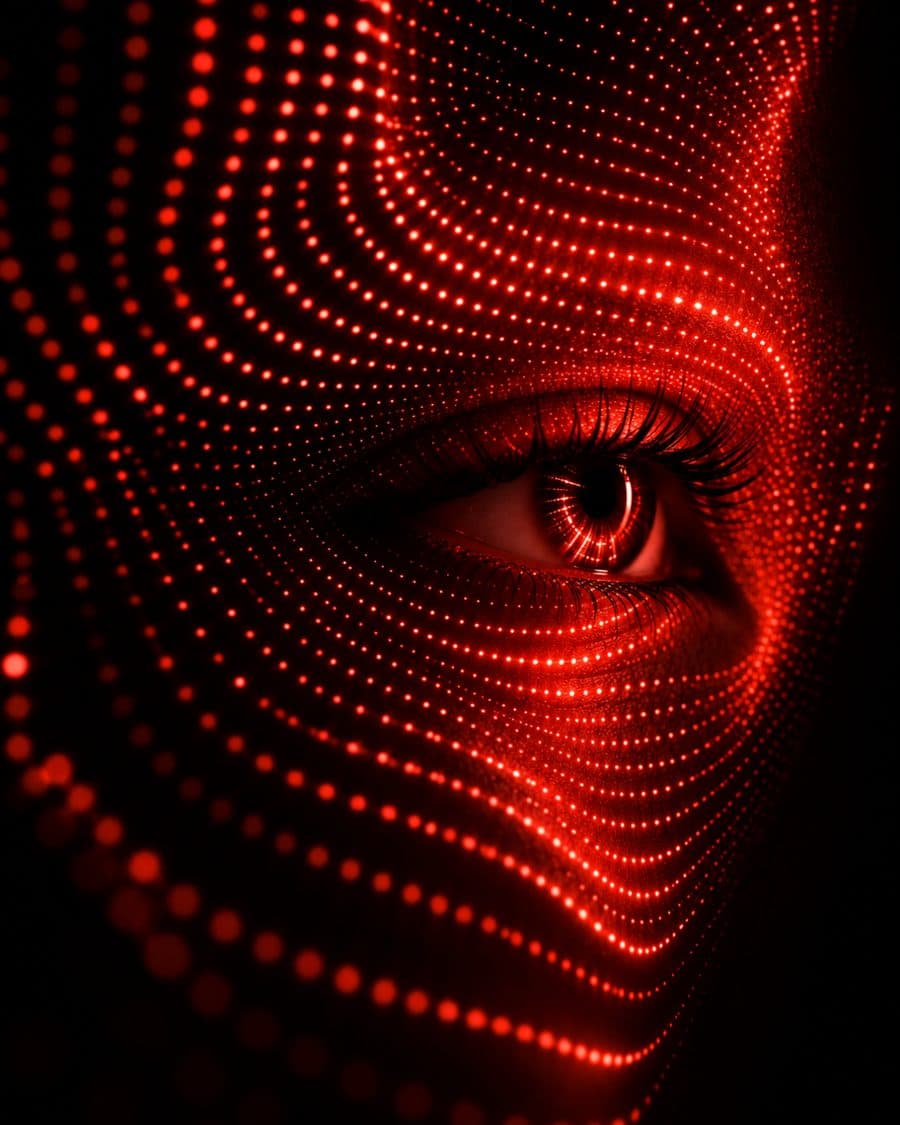 A face traced in a field of glowing red dots.