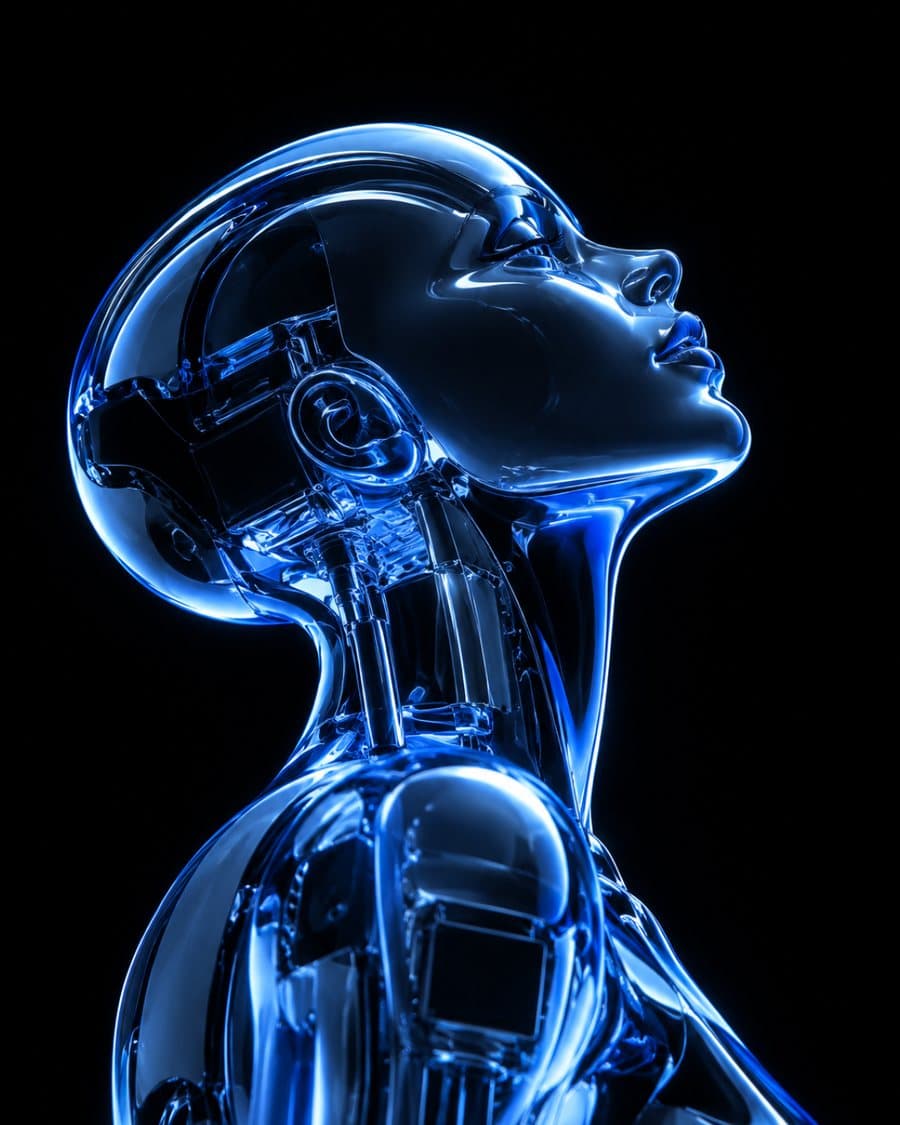 A glass and chrome android in profile, lit in electric blue.