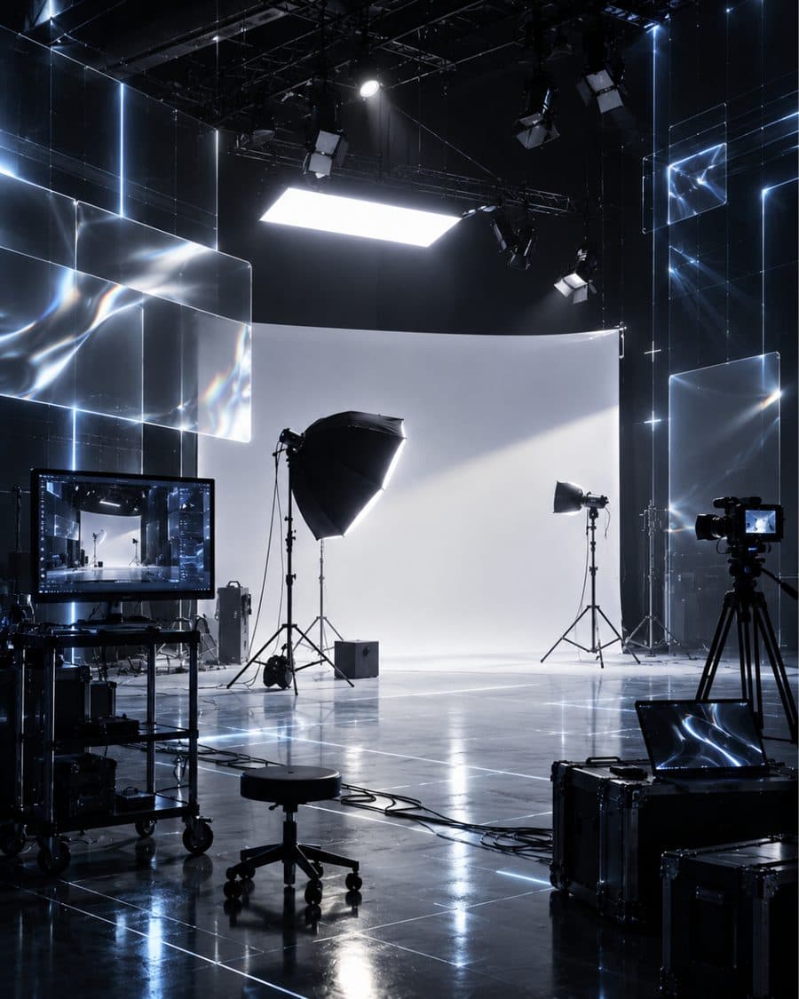 A photography studio with a white cyclorama, softboxes and cameras on tripods.