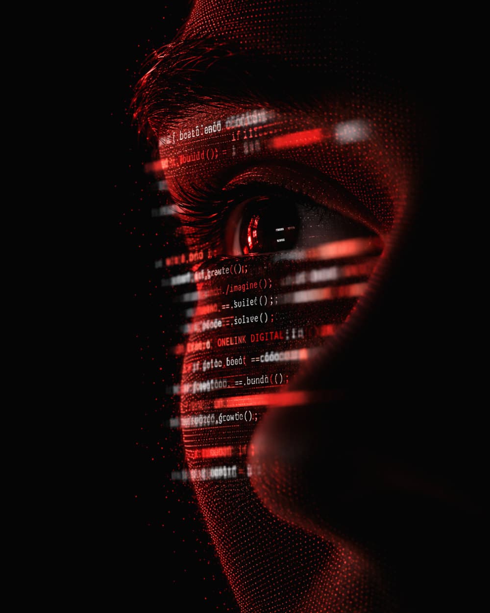A close-up of an eye with lines of red code projected across the face.
